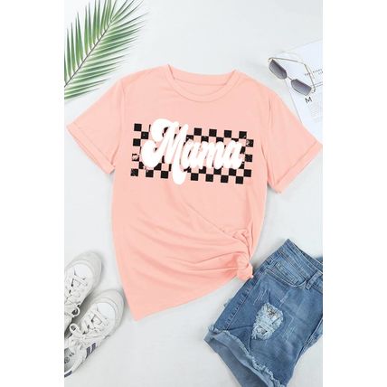 Pink Mama Checkered Print O Neck Casual T Shirt