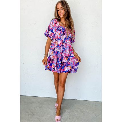 Purple Flower Print Short Puff Sleeve Ruffled Dress
