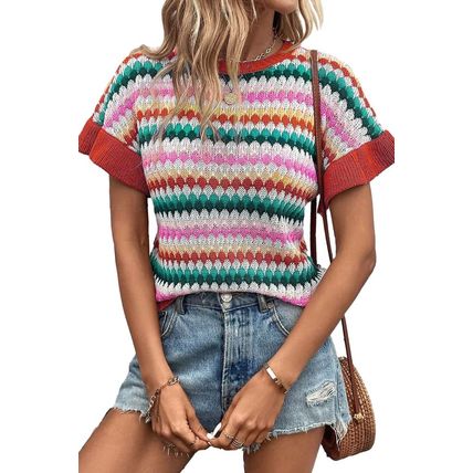 Fiery Red Trimmed Ruffle Sleeve Colorful Textured Sweater