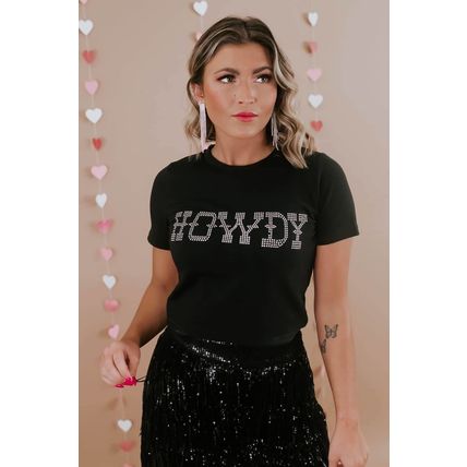 Black HOWDY Rhinestone Slim Fit Crew Neck T Shirt