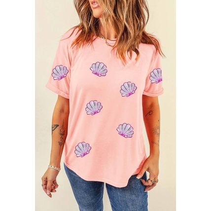 Pink Sequin Shell Graphic Round Neck T Shirt