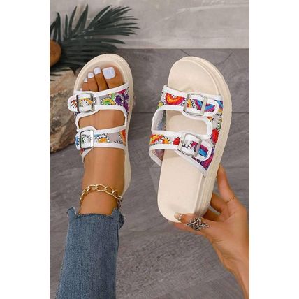 White Crochet Cut Out Buckle Strap Thick Sole Slippers