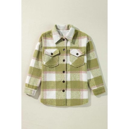 Sage Green Plaid Print Buttoned Flap Pockets Baggy Shacket