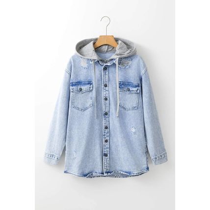 Mist Blue Oversized Contrast Hooded Denim Jacket