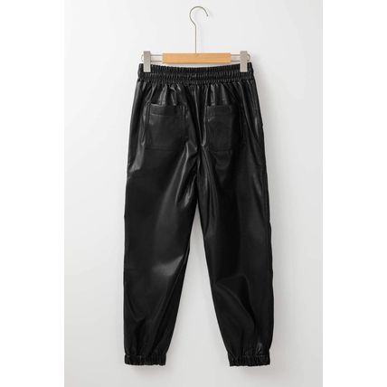 Black Faux Leather Ankle Smocked Waist Drawstring Joggers