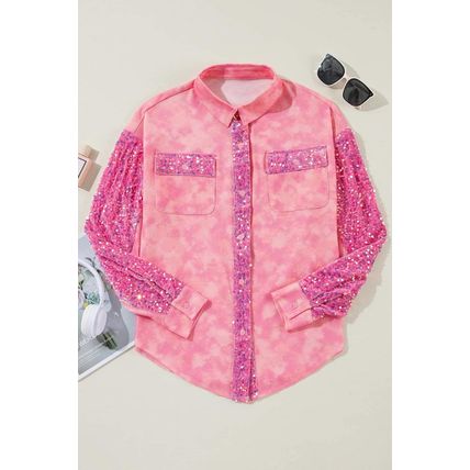 Apricot Pink Mineral Wash Sequin Patchwork Flap Pocket Shacket