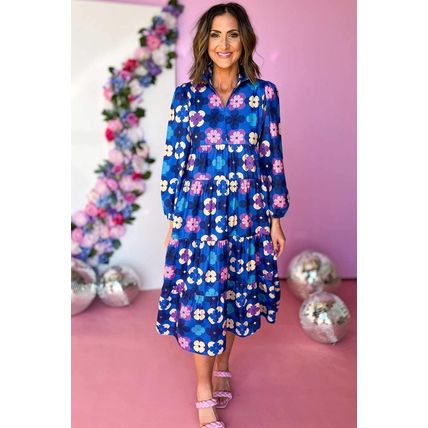Blue Floral Peasant Sleeve Tiered Ruffle Midi Dress