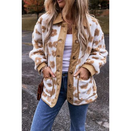 Light French Beige Cute Flower Pattern Button Up Fleece Jacket