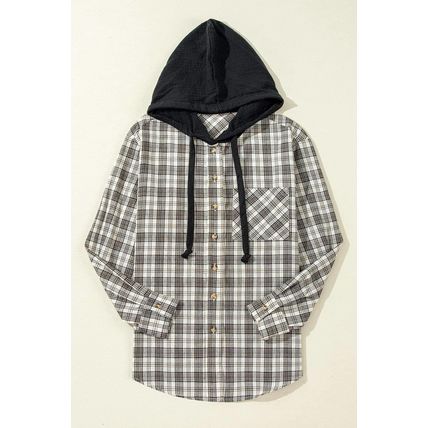 Black Checkered Print Loose Fit Buttoned Hooded Shacket