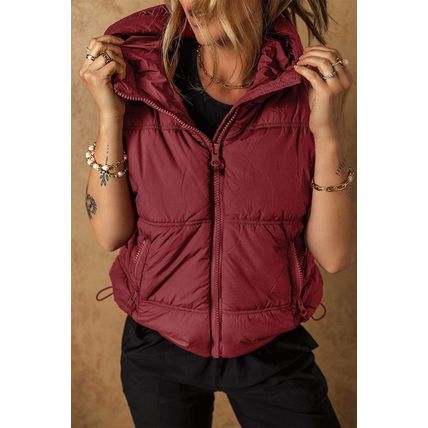 Clay Zip-up Side Pockets Hooded Puffer Vest
