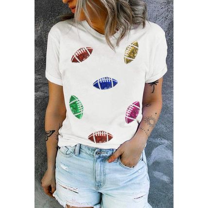 White Sequin Rugby Football Pattern Crewneck T Shirt