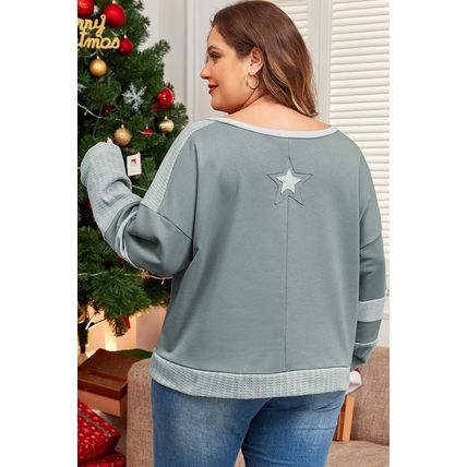 Mist Green Stars Patchwork Round Neck Plus Size T Shirt