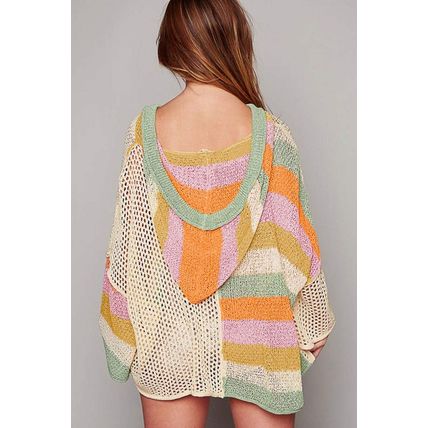 Beige Pointelle Knit Colorblock Patchwork V Neck Hooded Plus Sweater