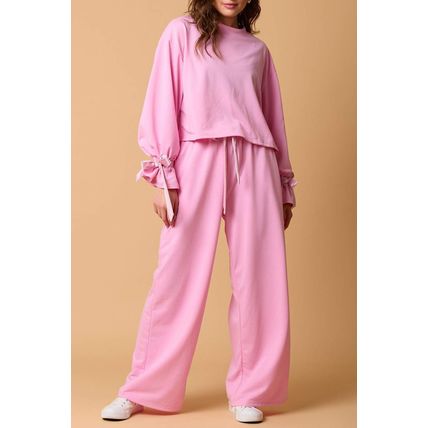 Bonbon Solid Color Drawstring Long Sleeve Top and Pants Set