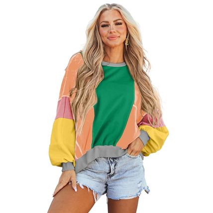 Dark Green Colorblock Patchwork Exposed Stitching Oversize Top