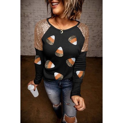 Black Sequined Shoulder Candy Corn Patched Pattern Raglan Sleeve Top