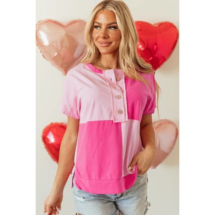 Pink Two Tone Half Buttons Collared T Shirt