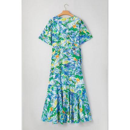 Green Leaves Print Short Sleeve Surplice Neck Ruffled Trim Plus Size Maxi Dress