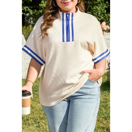 White Varsity Half Zip Textured Plus Size Top