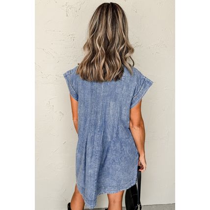Beau Blue Tie V Neck Tucking Detail Short Sleeve Denim Shift Dress