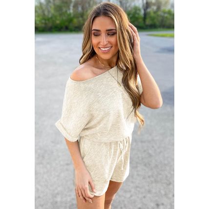 Beige Ribbed Elastic Waist Romper