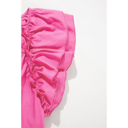 Sachet Pink Shirred Yoke Lace up V Neck Ruffled Sleeve Blouse