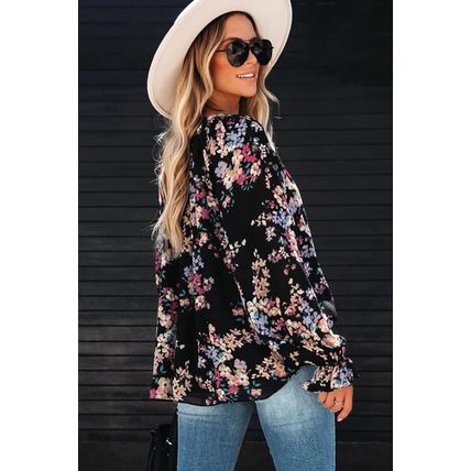 Black Wildflower Print Chiffon Blouse