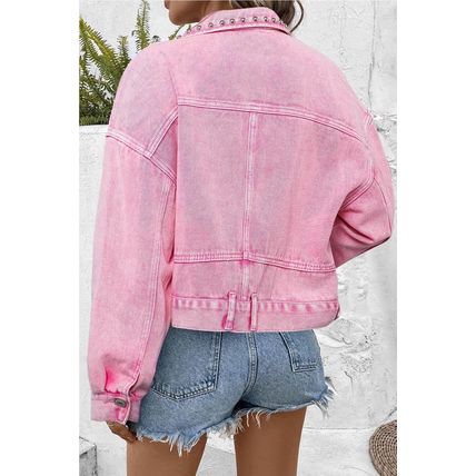 Pink Rivet Studded Pocketed Denim Jacket