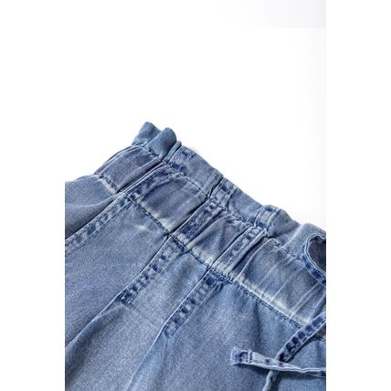 Dusk Blue Raw Hem Lace-up High Waist Plus Size Denim Shorts