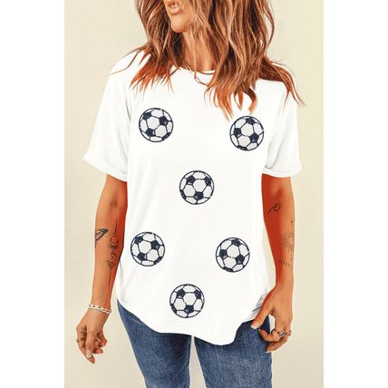 White Sequin Football Patched Graphic Game Day T Shirt