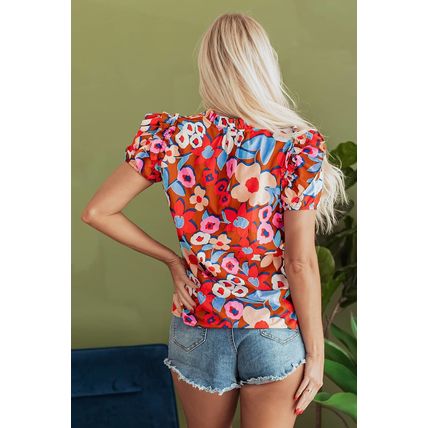 Brown Flower Print Self Tie Frilled Collar Puff Sleeve Blouse