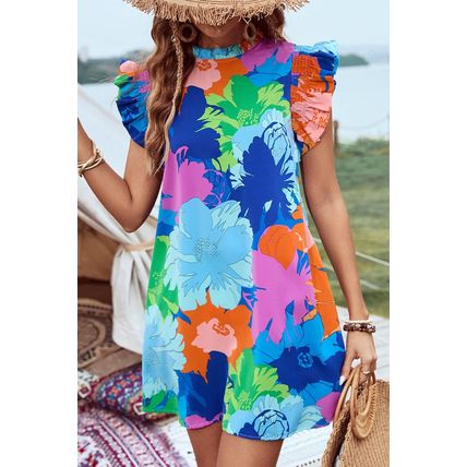 Blue Bold Floral Flutter Sleeve Shift Mini Dress with Pockets
