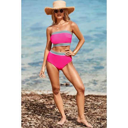 Rose Red Contrast Banding Tube Bikini High Waist 2pcs Swimsuit