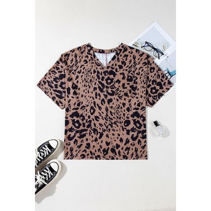 Brown Leopard Print V Neck Half Sleeve Oversized Tee