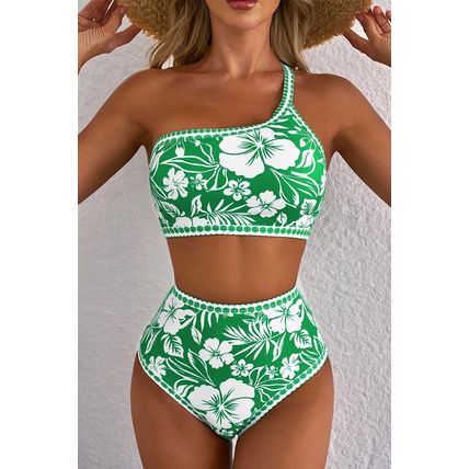 Green Floral Print One Shoulder High Waist Bikini Set