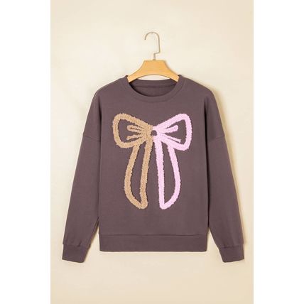 Dark Khaki Contrast Terry Bow Pattern Drop Shoulder Sweatshirt