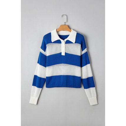 Blue Stripe Colorblock Polo Collar Eyelet Crochet Knitted Sweater
