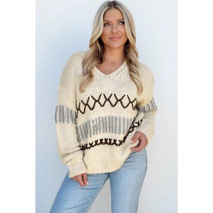 Parchment Contrast Stitch Detail V Neck Drop Shoulder Sweater