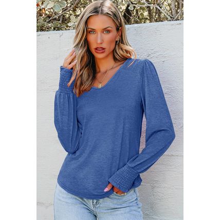 Sky Blue Shirred Shoulder Frilled Cuffs Long Sleeve Top