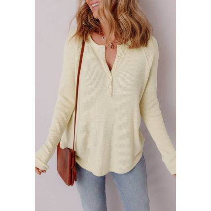 Oatmeal Textured Knit Half Buttons Henley Top