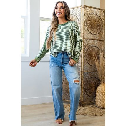 Green Stripe Thermal Knit Drop Shoulder Casual Top