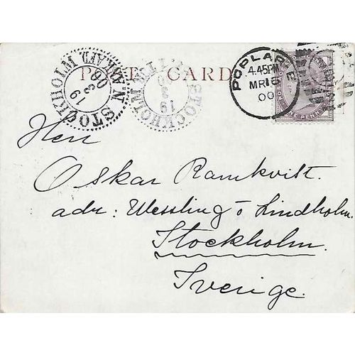 GB early Post Card 1900 London Poplar E to Sweden, nice markings (1)