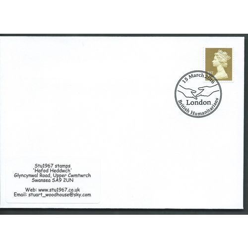 2016 1ST 'GOLD' MACHIN 'BRITISH HUMANITARIANS, LONDON ' PMK COVER (EBIDPACK3859)