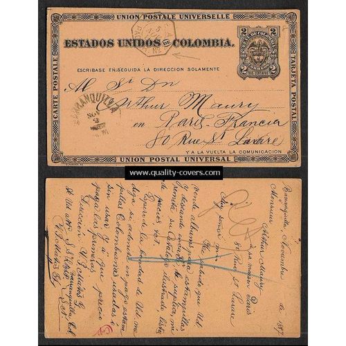 Columbia Postal Card Ship Mail to France 1887 Paquet French cancel.
