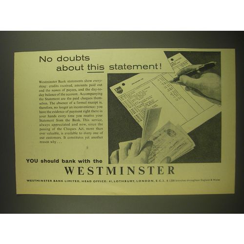 1958 Westminster Bank Ad - No doubts about this statement