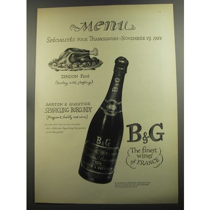 1952 B&G Sparkling Burgundy Ad - Menu Specialtes pour Thanksgiving - Novembre