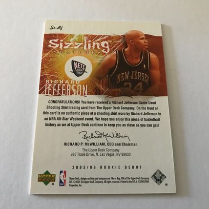 2005-06 Upper Deck New Jersey Nets Richard Jefferson Rookie Relic Card #SS-RJ