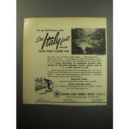 1957 Italian State Tourist Office Ad - For top thrift season value see Italy