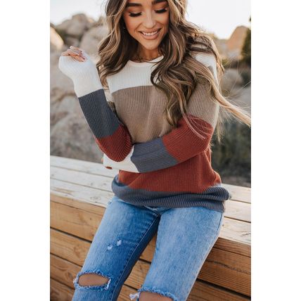 Color Block Knitted O-neck Pullover Sweater