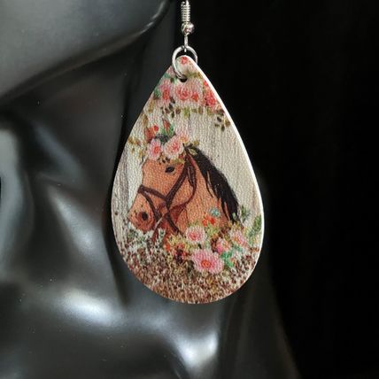 Earrings Flower Horse Head PU Leather #702